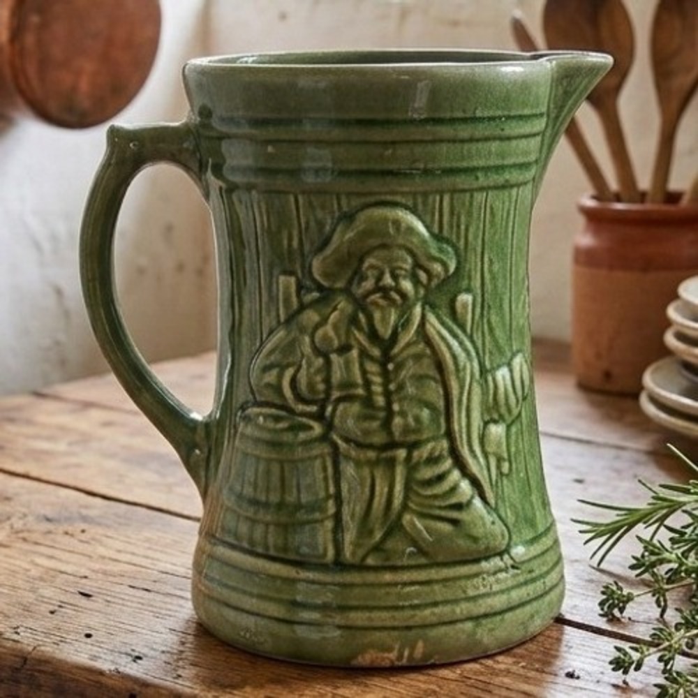 Vintage Nelson McCoy Buccaneer‎  Green Glazed Ceramic Pitcher Pub Decor 8 Inch